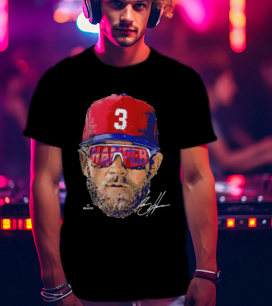 Philadelphia Phillies Bryce Harper Signature Head 3 Cap Sunglasses T-Shirt