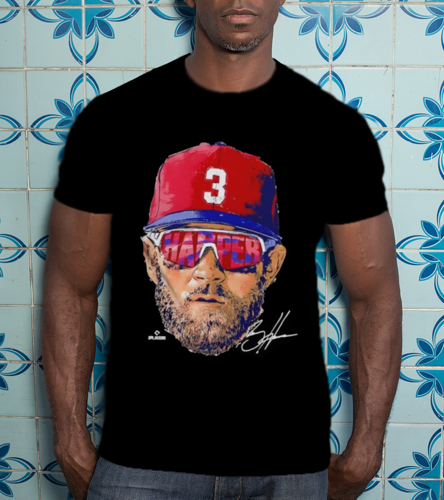 Philadelphia Phillies Bryce Harper Signature Head 3 Cap Sunglasses T-Shirt