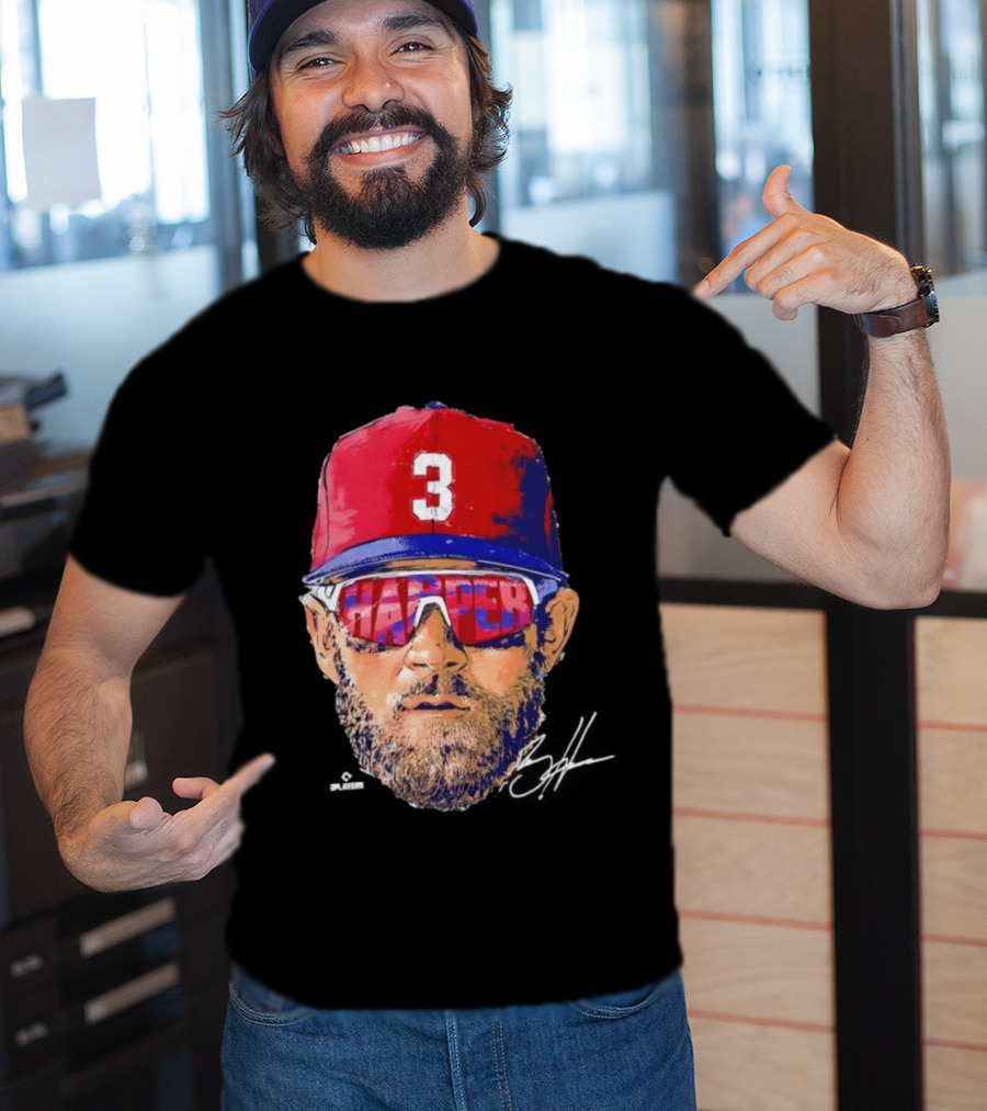 Philadelphia Phillies Bryce Harper Signature Head 3 Cap Sunglasses T-Shirt