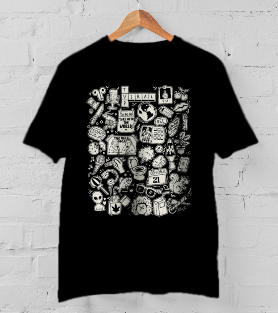 The Viral Podcast Doodle Funny Icons And Words Collage T-Shirt