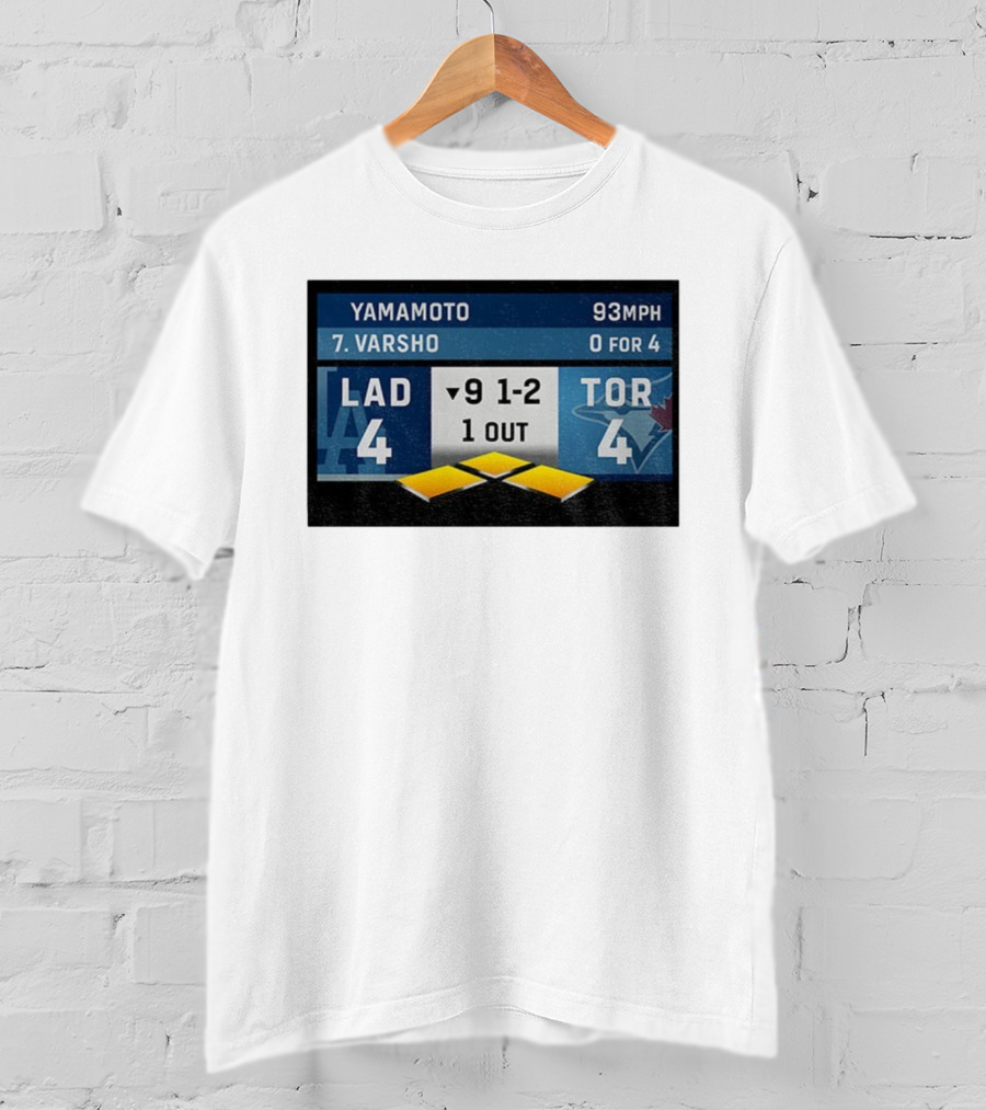 Los Angeles Dodgers Vs Toronto Blue Jays Bottom Of 9th Inning Score Tied 4-4 With Pitcher Yamamoto And Batter Varsho T-Shirt