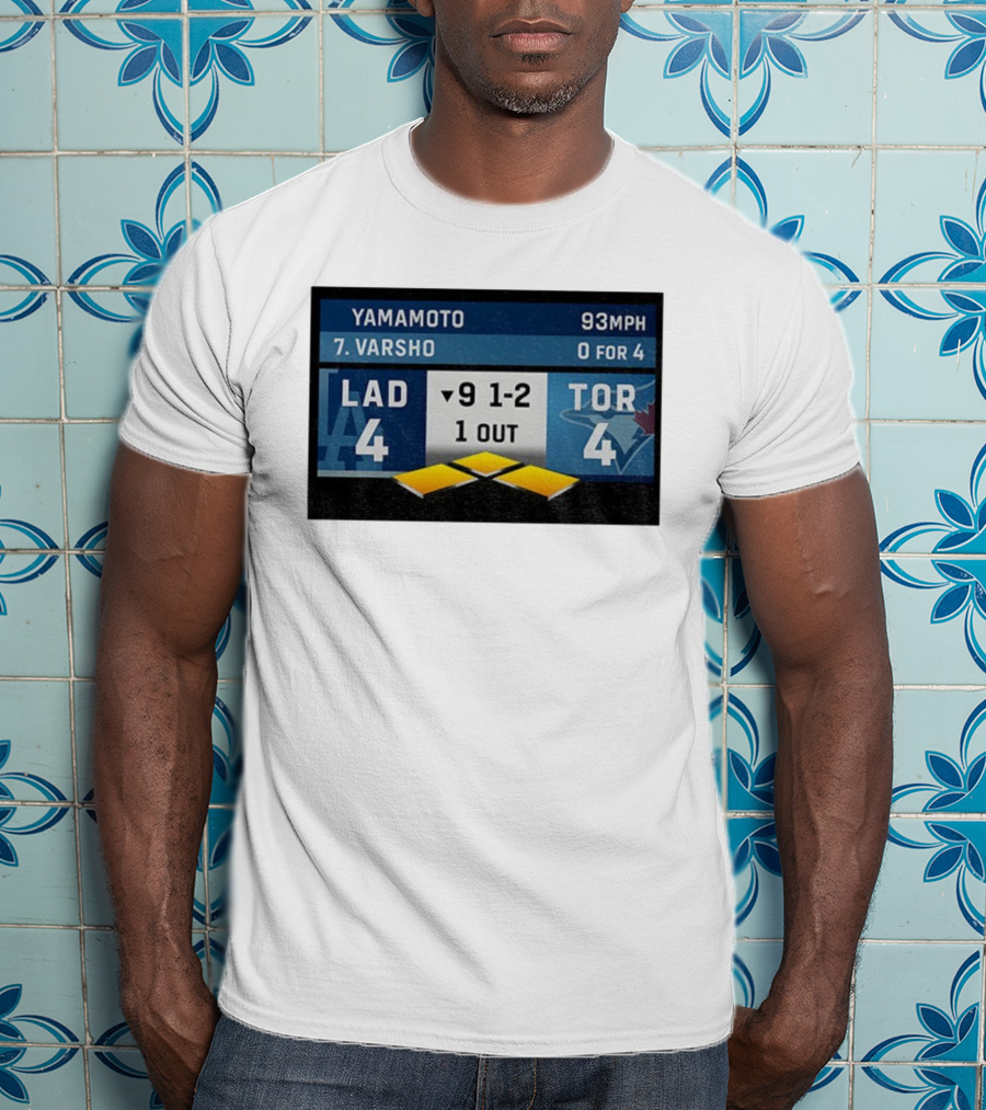 Los Angeles Dodgers Vs Toronto Blue Jays Bottom Of 9th Inning Score Tied 4-4 With Pitcher Yamamoto And Batter Varsho T-Shirt