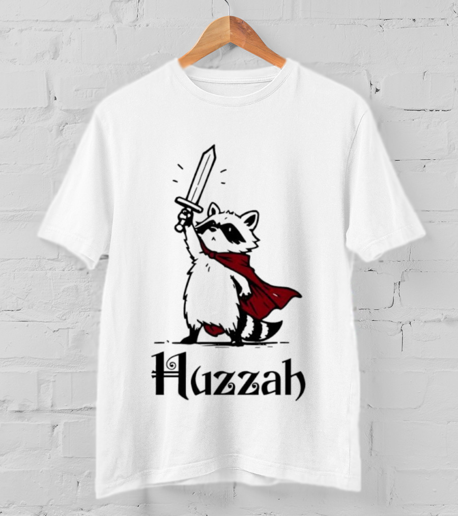 Raccoon Warrior Huzzah Red Cape Sword Heroic Pose T-Shirt