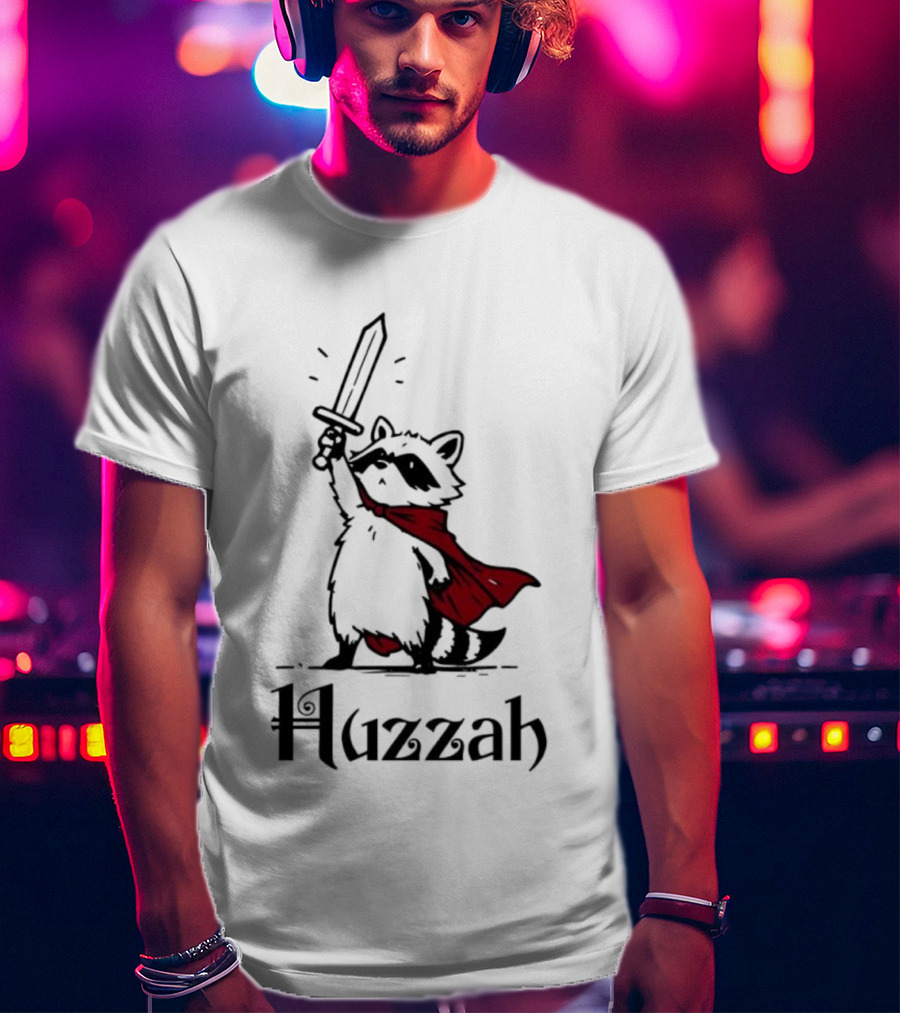 Raccoon Warrior Huzzah Red Cape Sword Heroic Pose T-Shirt