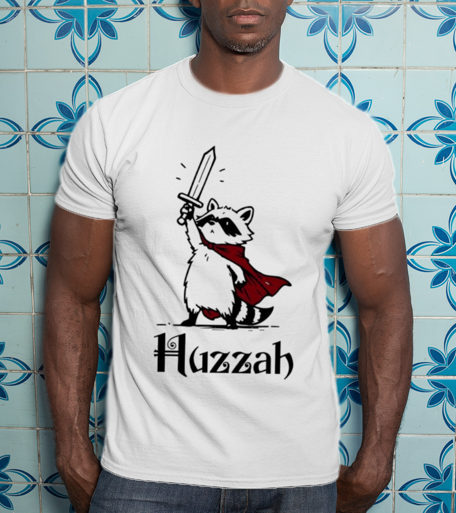 Raccoon Warrior Huzzah Red Cape Sword Heroic Pose T-Shirt