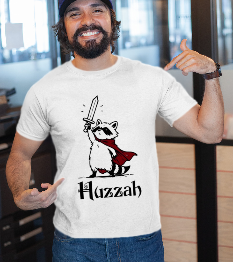 Raccoon Warrior Huzzah Red Cape Sword Heroic Pose T-Shirt