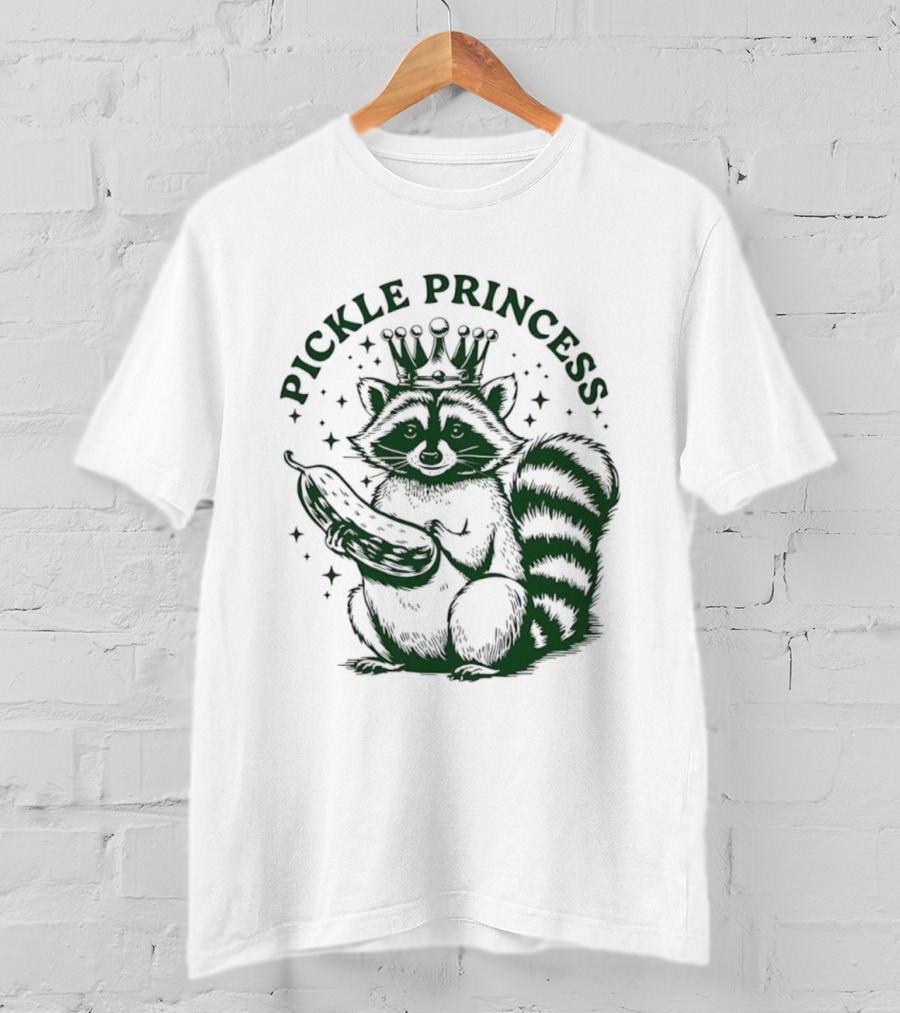 Pickle Princess Raccoon Holding Pickle With Crown And Stars T-Shirt