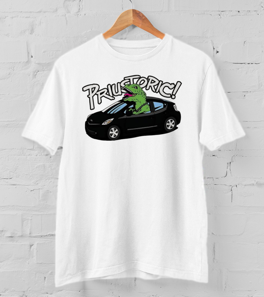Priustoric T-Rex Dinosaur Driving Car Playful Humor T-Shirt