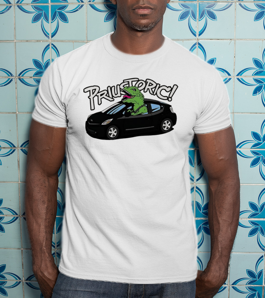 Priustoric T-Rex Dinosaur Driving Car Playful Humor T-Shirt