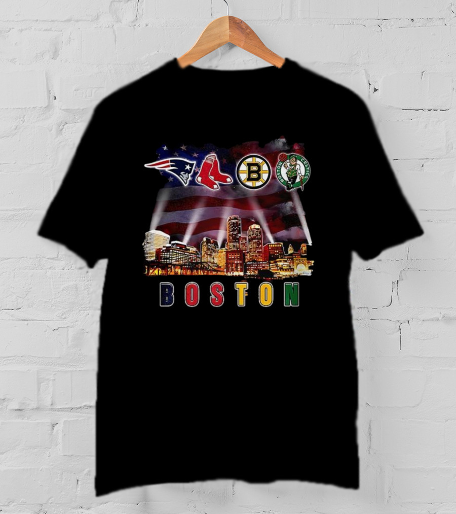 Boston Patriots Red Sox Bruins Celtics City Skyline Fan Celebration T-Shirt