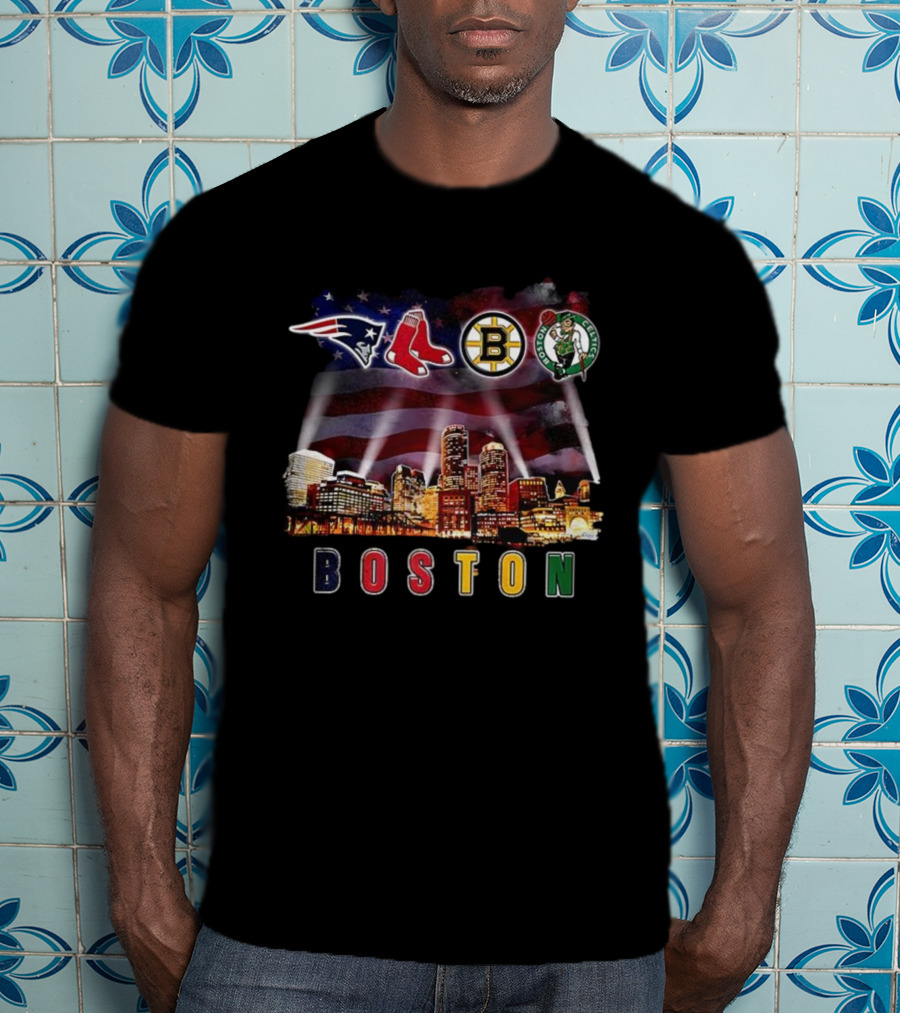 Boston Patriots Red Sox Bruins Celtics City Skyline Fan Celebration T-Shirt