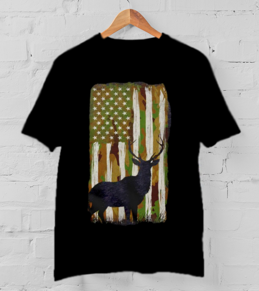 Camo Buck American Flag Camouflage Silhouette T-Shirt