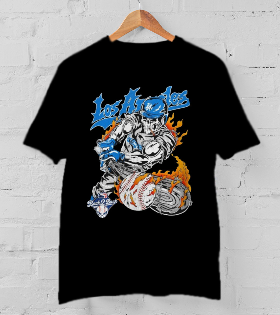 Los Angeles Dodgers World Series Back 2 Back 2024 2025 Warren Lotas Skeleton Baseball Flames T-Shirt
