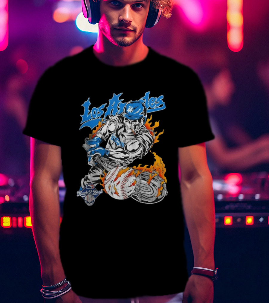 Los Angeles Dodgers World Series Back 2 Back 2024 2025 Warren Lotas Skeleton Baseball Flames T-Shirt