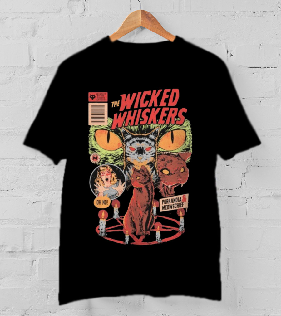 The Wicked Whiskers Oh No Purranoia Meowschief Comic Style Cats T-Shirt