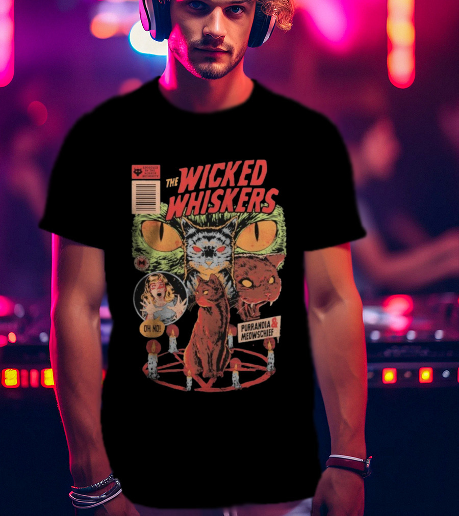The Wicked Whiskers Oh No Purranoia Meowschief Comic Style Cats T-Shirt