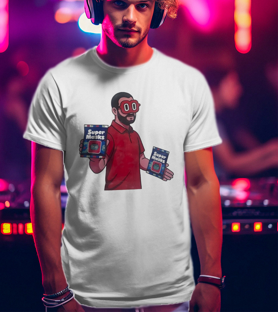 Super Masks Red Character Holding Packages With Eye Mask T-Shirt