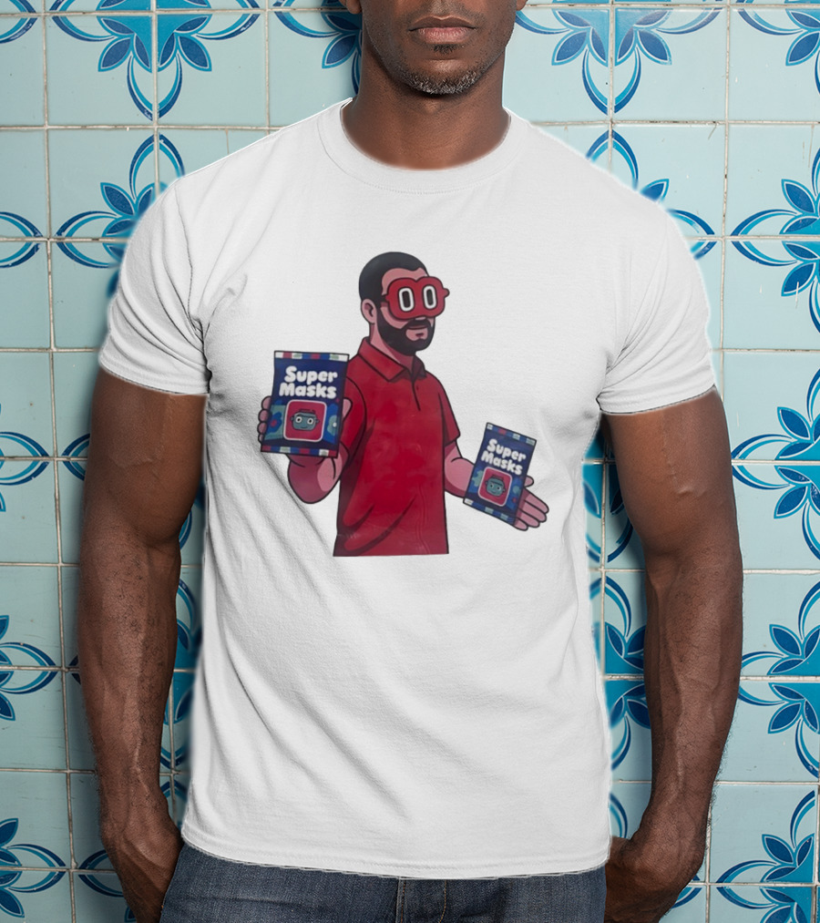 Super Masks Red Character Holding Packages With Eye Mask T-Shirt