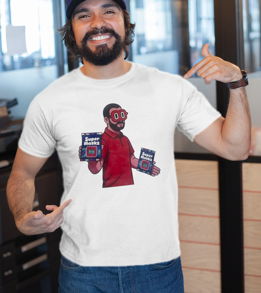 Super Masks Red Character Holding Packages With Eye Mask T-Shirt