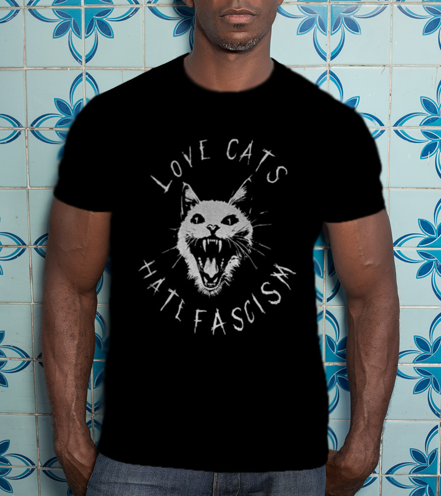 Love Cats Hate Fascism Antifascism Roaring Cat Graphic T-Shirt