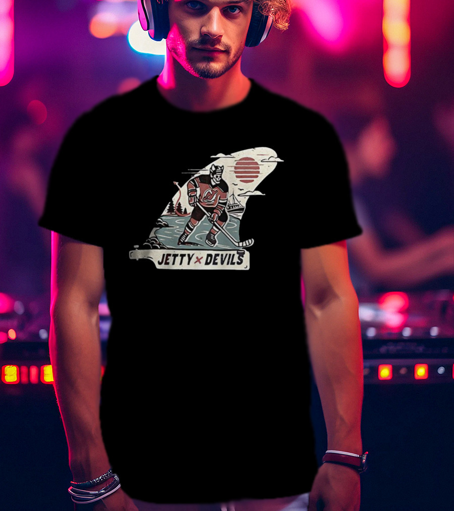 Jetty X New Jersey Devils NHL Player Vintage Skeleton Hockey Sunset Scene T-Shirt