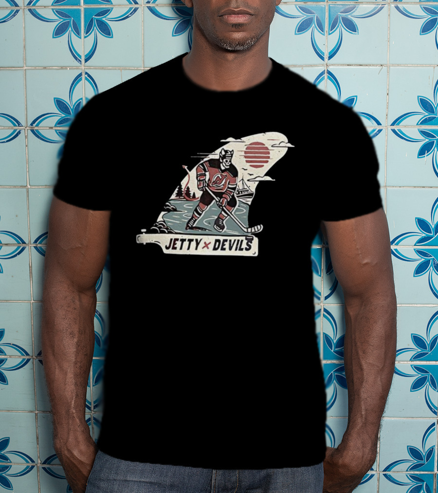 Jetty X New Jersey Devils NHL Player Vintage Skeleton Hockey Sunset Scene T-Shirt