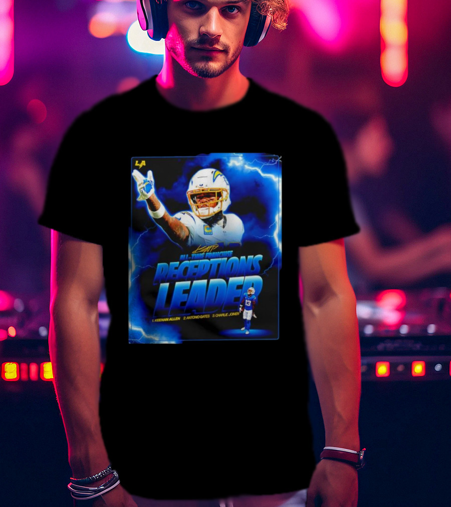 Keenan Allen Chargers All-Time Franchise Receptions Leader Lightning Theme T-Shirt