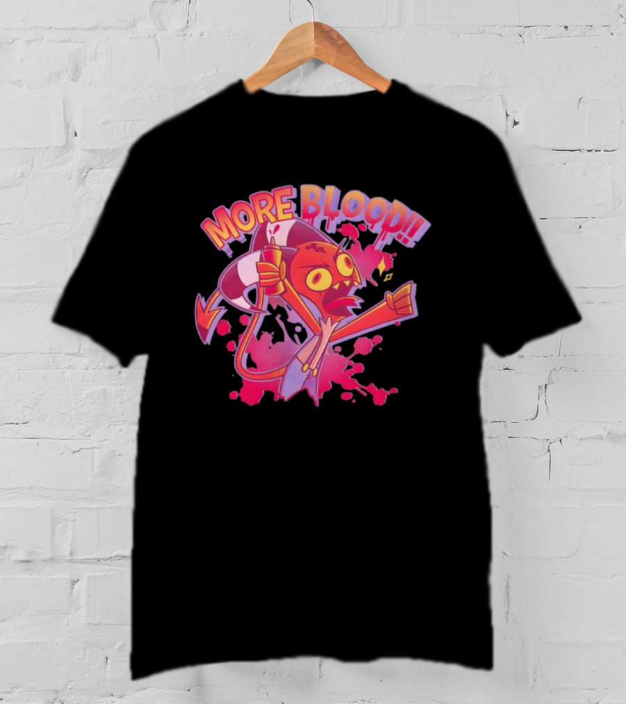 More Blood Cartoon Demon Character With Cup Expressive Artwork Colorful Graphic T-Shirt