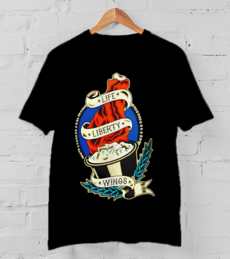 Life Liberty Wings Tattoo Style Emblem Flame And Feather Elements T-Shirt