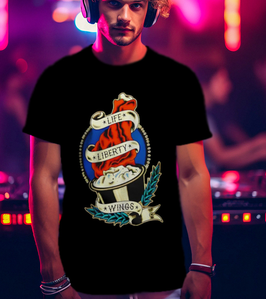 Life Liberty Wings Tattoo Style Emblem Flame And Feather Elements T-Shirt