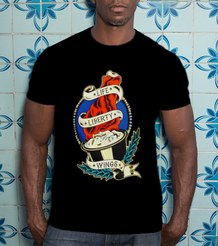 Life Liberty Wings Tattoo Style Emblem Flame And Feather Elements T-Shirt