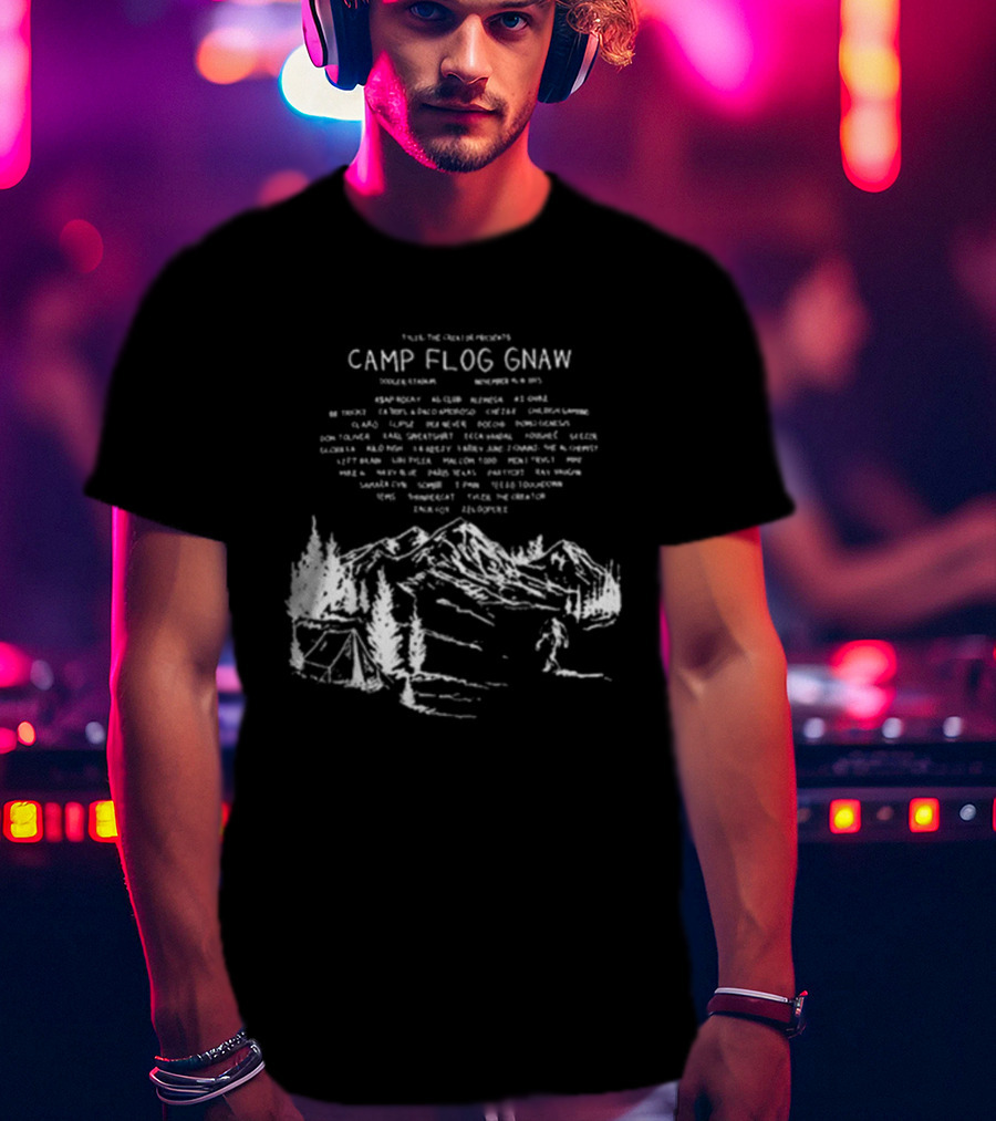 Camp Flog Gnaw 2025 Mountain Bigfoot Tyler The Creator Lineup Adventure T-Shirt