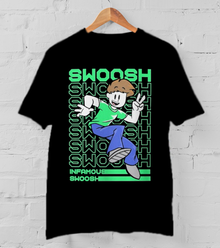 Infamous Swoosh Repeated Cartoon Character Peace Gesture Bright Colors T-Shirt