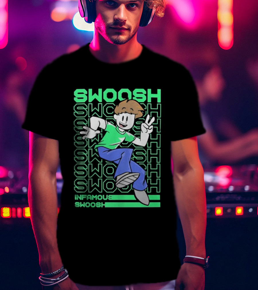 Infamous Swoosh Repeated Cartoon Character Peace Gesture Bright Colors T-Shirt