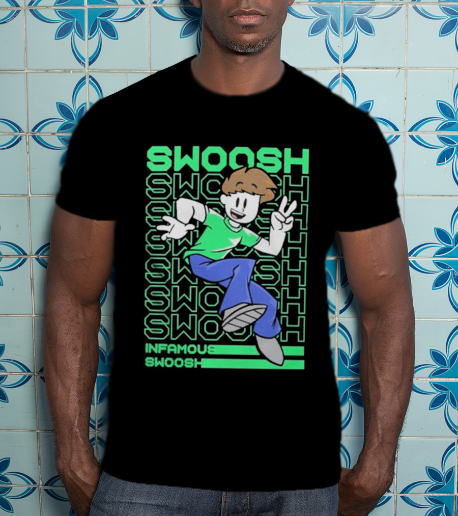 Infamous Swoosh Repeated Cartoon Character Peace Gesture Bright Colors T-Shirt