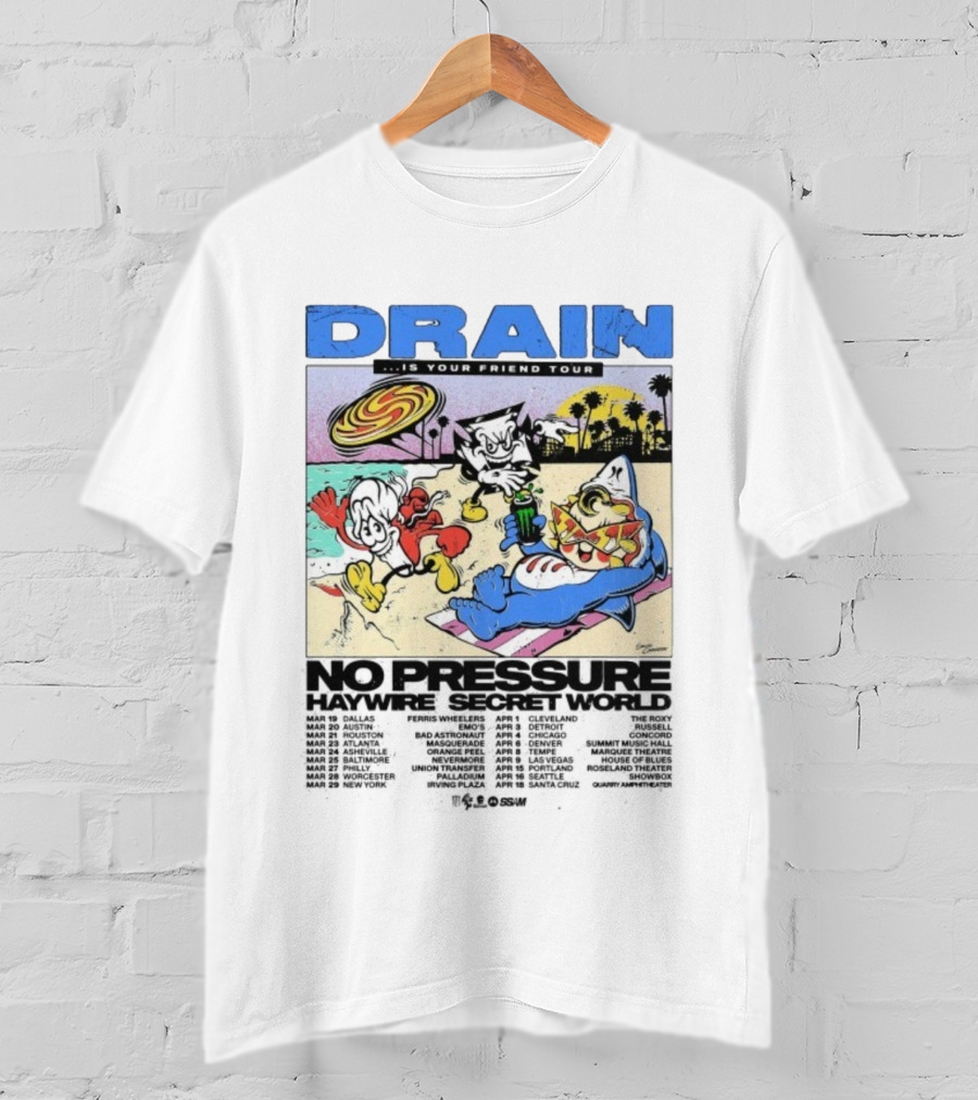 Drain Is Your Friend Tour 2026 No Pressure Haywire Secret World Beach Scene Vintage Style T-Shirt