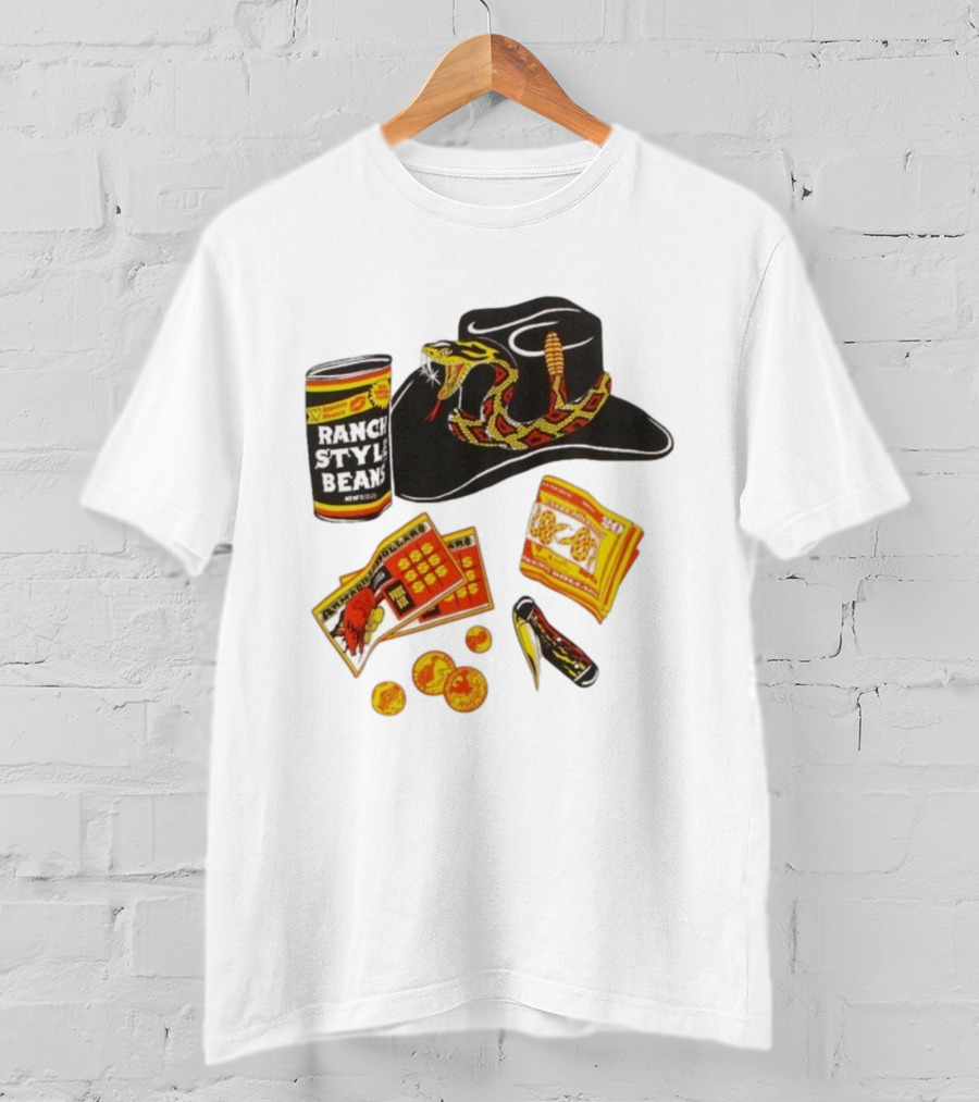 Ranch Style Beans Can Rattlesnake Cowboy Hat Texas Symbols Imagery T-Shirt