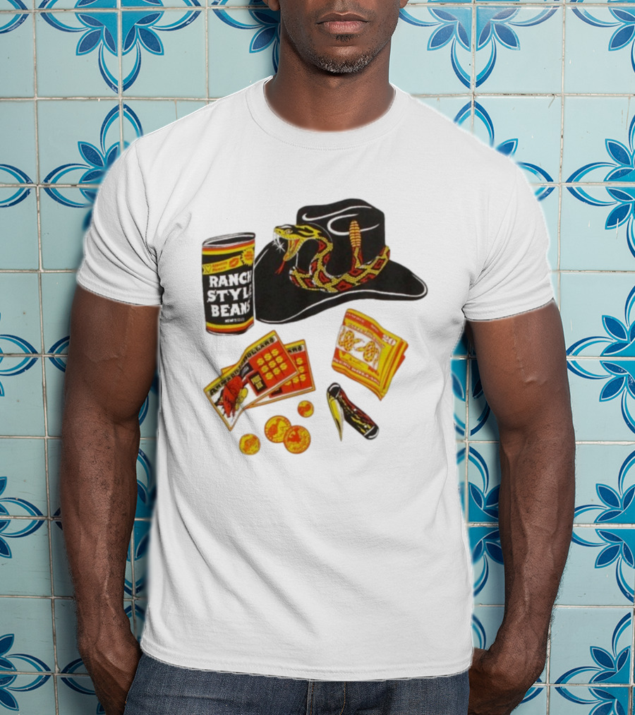Ranch Style Beans Can Rattlesnake Cowboy Hat Texas Symbols Imagery T-Shirt