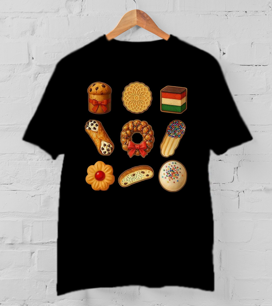 Festive Italian Cookie Variety Featuring Pandoro Biscotti Cannoli Bow Sprinkles T-Shirt