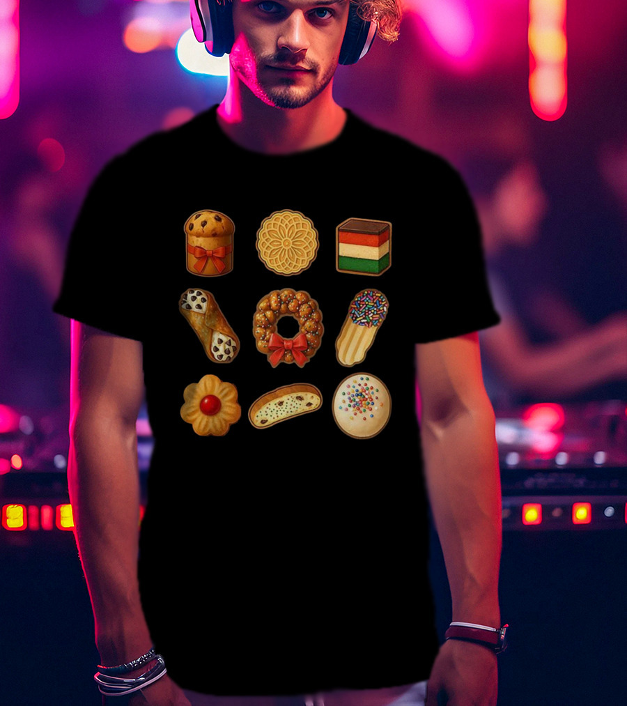 Festive Italian Cookie Variety Featuring Pandoro Biscotti Cannoli Bow Sprinkles T-Shirt