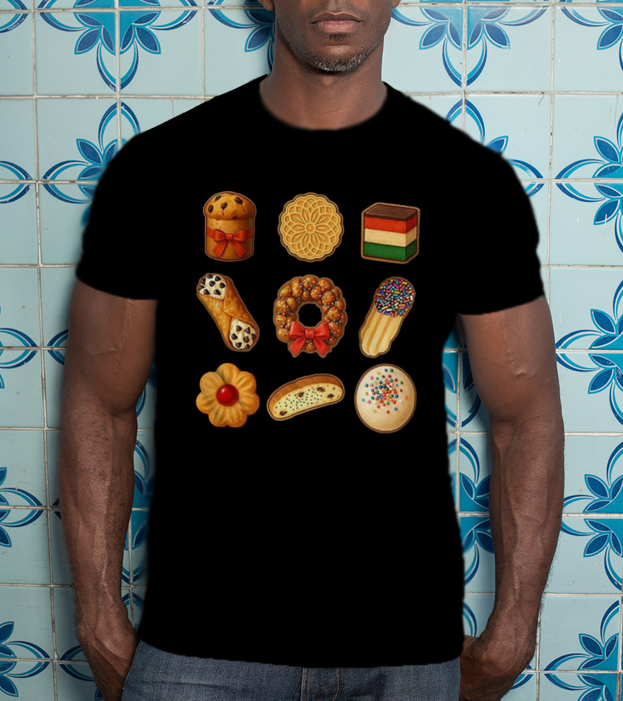 Festive Italian Cookie Variety Featuring Pandoro Biscotti Cannoli Bow Sprinkles T-Shirt