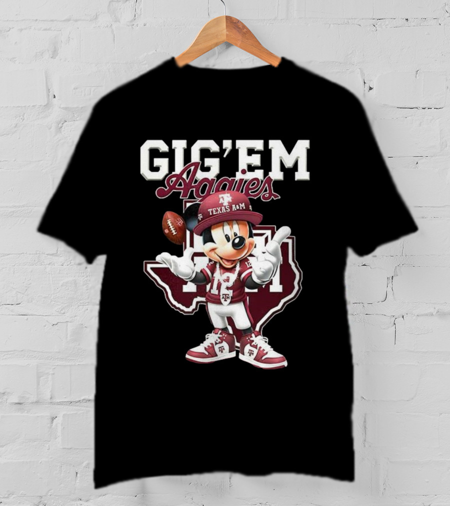 Gig’em Aggies Texas A&M Mickey Mouse Football Map T-Shirt