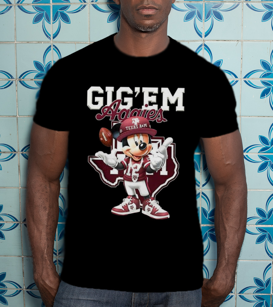 Gig’em Aggies Texas A&M Mickey Mouse Football Map T-Shirt
