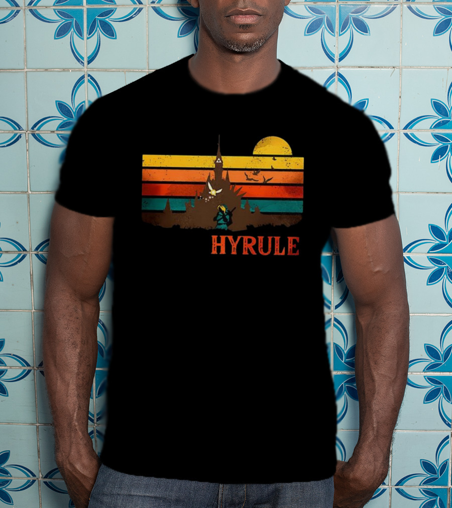 Hyrule Land Of The Gods Vintage Retro Sunset Castle And Hero Silhouette T-Shirt