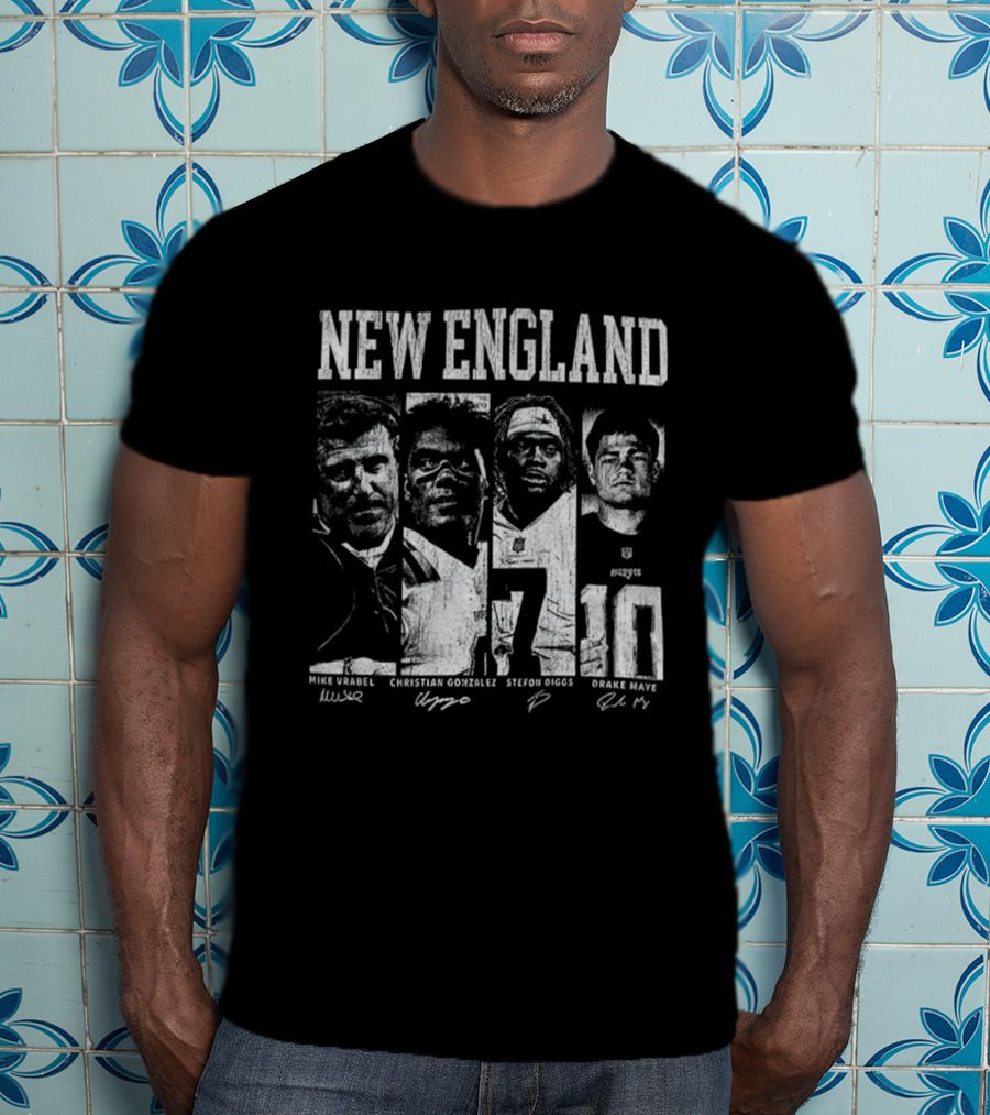 New England Mike Vrabel Christian Gonzalez Stefon Diggs Drake Maye NFL Football Signatures T-Shirt