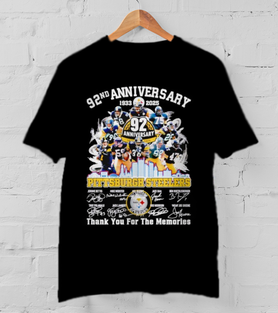 Pittsburgh Steelers 92nd Anniversary 1933-2025 Thank You For The Memories 92 Anniversary 1933-2025 T-Shirt