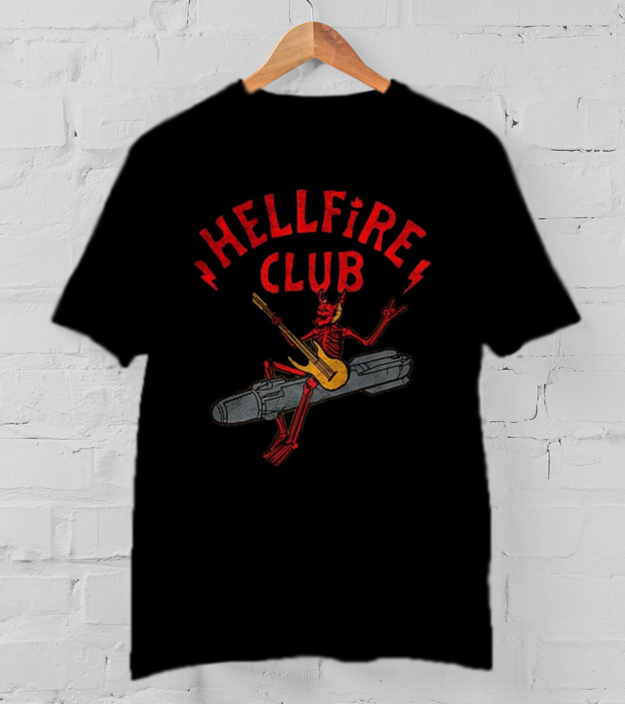 Hellfire Club Devil Riding Missile Playing Guitar T-Shirt