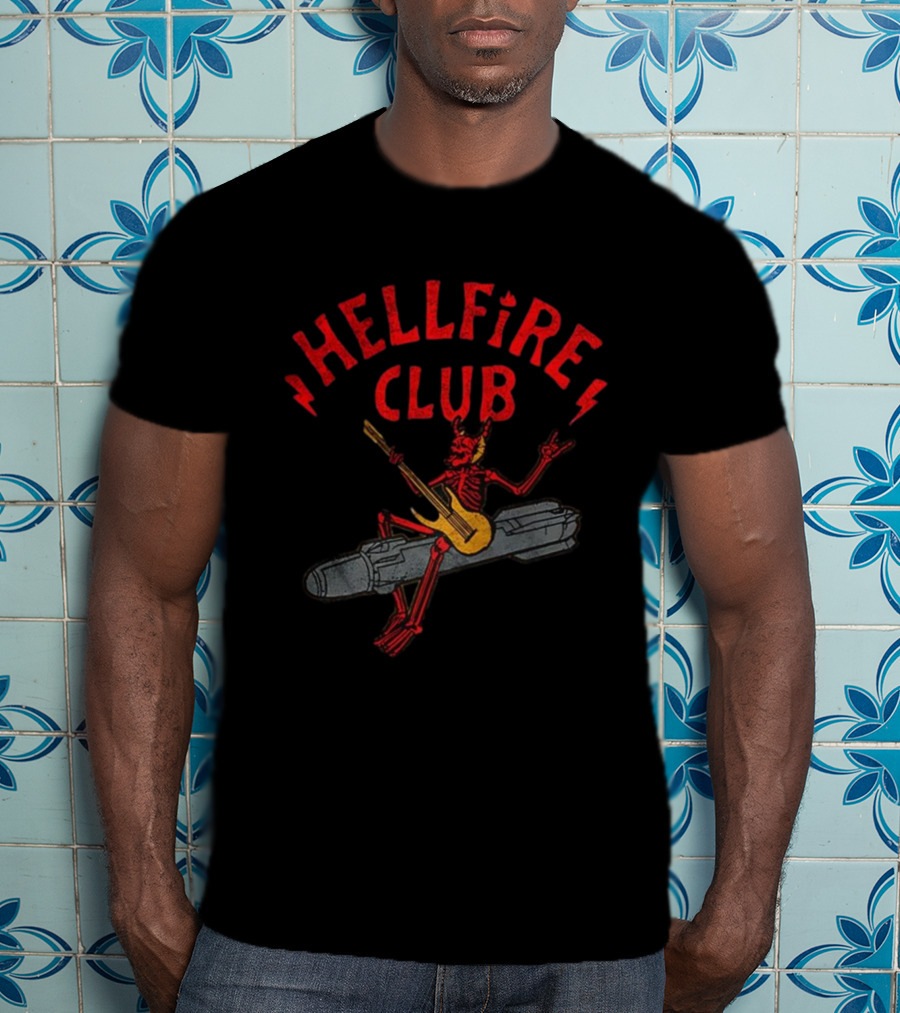Hellfire Club Devil Riding Missile Playing Guitar T-Shirt