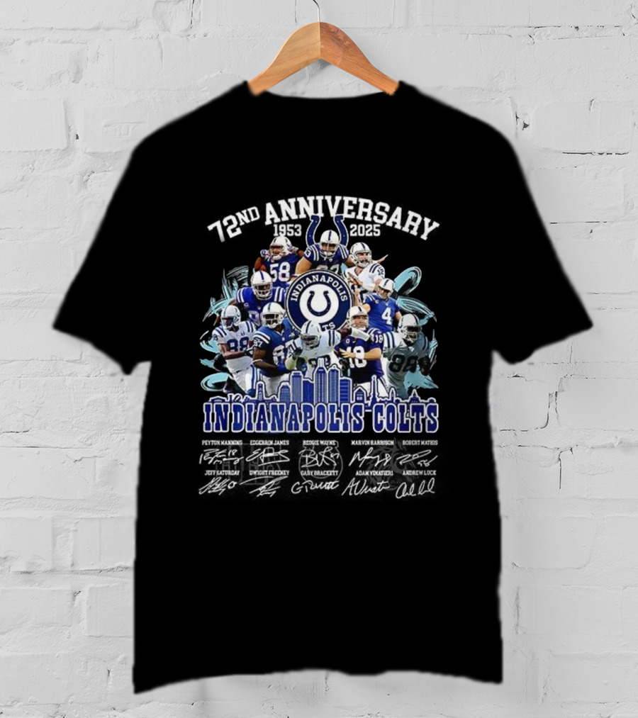 Indianapolis Colts 72nd Anniversary 1953-2025 Signature Players And Skyline T-Shirt
