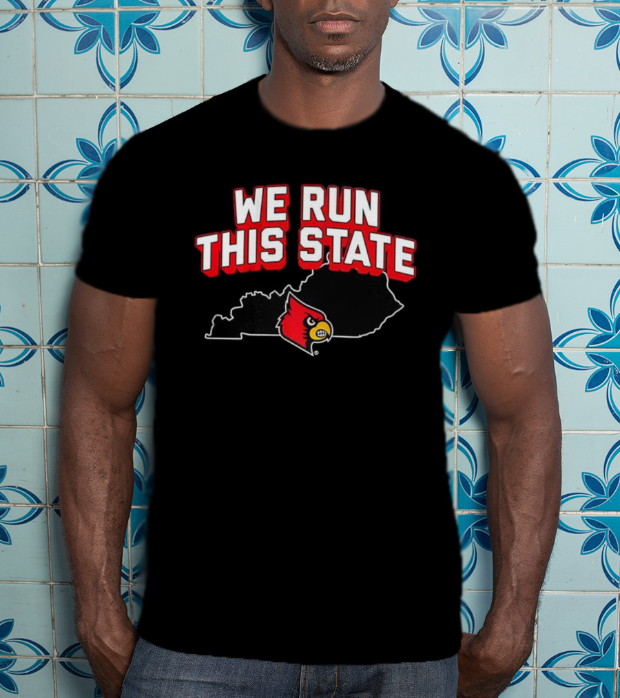 Louisville Cardinals Basketball We Run This State Kentucky Outline T-Shirt